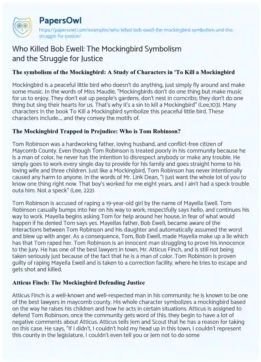 Essay on Who Killed Bob Ewell: the Mockingbird Symbolism and the Struggle for Justice