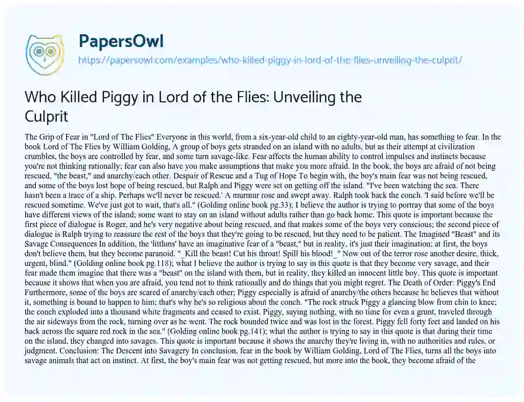 Essay on Who Killed Piggy in Lord of the Flies: Unveiling the Culprit
