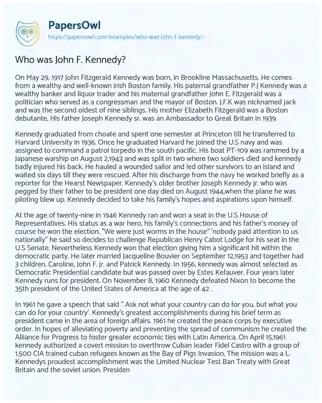 Essay on Who was John F. Kennedy?
