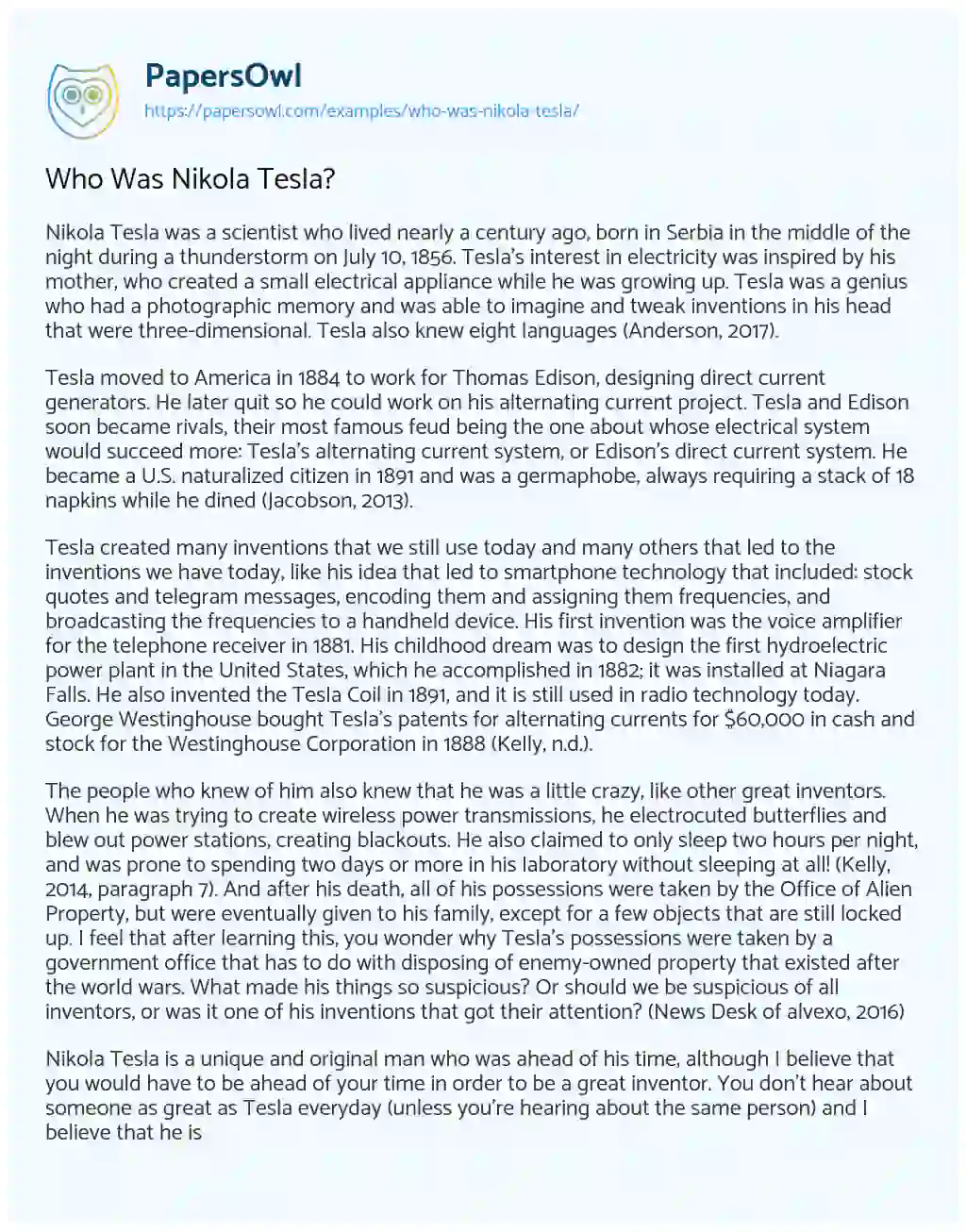 Essay on Who was Nikola Tesla?