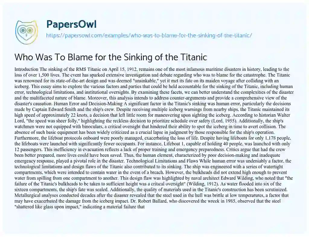 Essay on Who Was To Blame for the Sinking of the Titanic