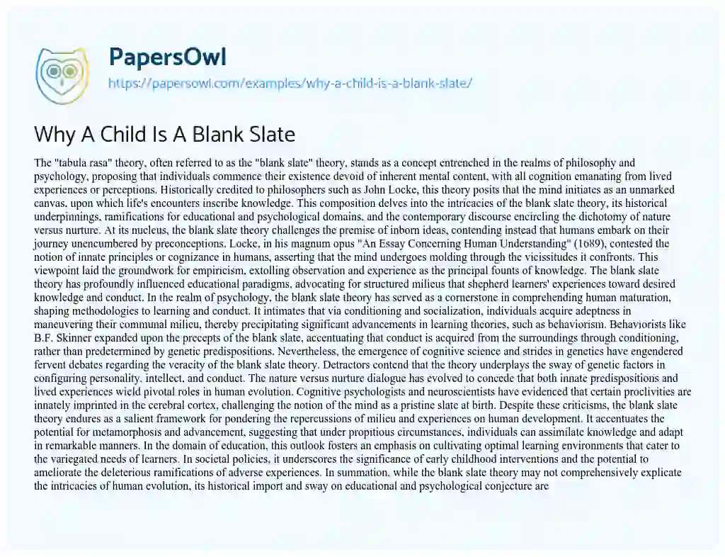 Essay on Why a Child is a Blank Slate
