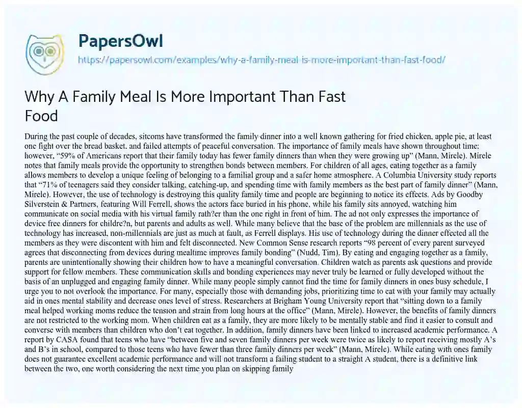 Essay on Why a Family Meal is more Important than Fast Food