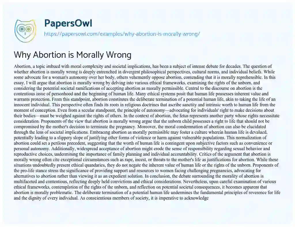 Essay on Why Abortion is Morally Wrong