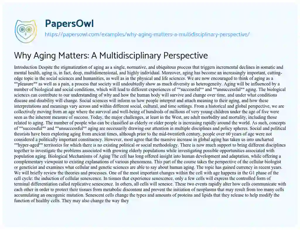 Essay on Why Aging Matters: A Multidisciplinary Perspective