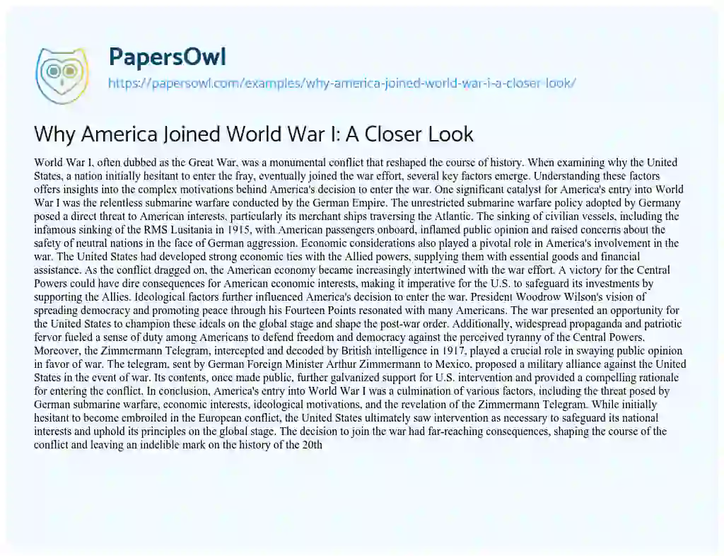 Essay on Why America Joined World War I: a Closer Look