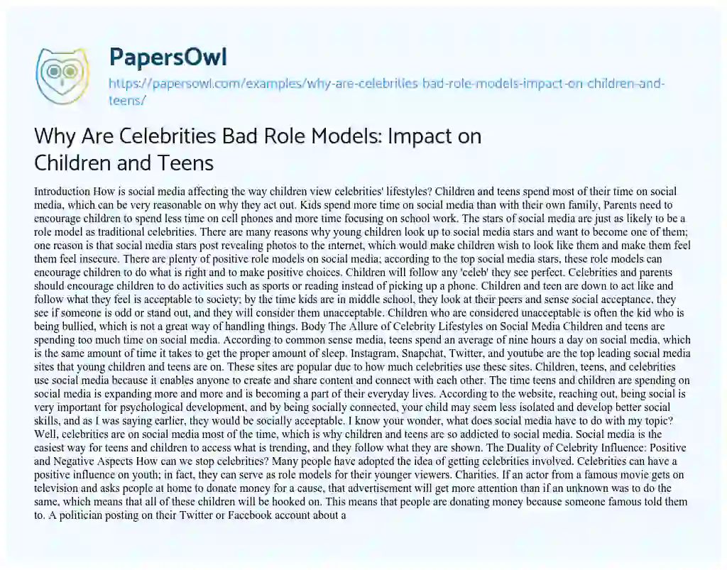 Essay on Why are Celebrities Bad Role Models: Impact on Children and Teens