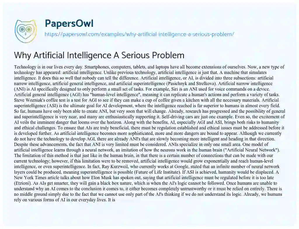 Essay on Why Artificial Intelligence a Serious Problem