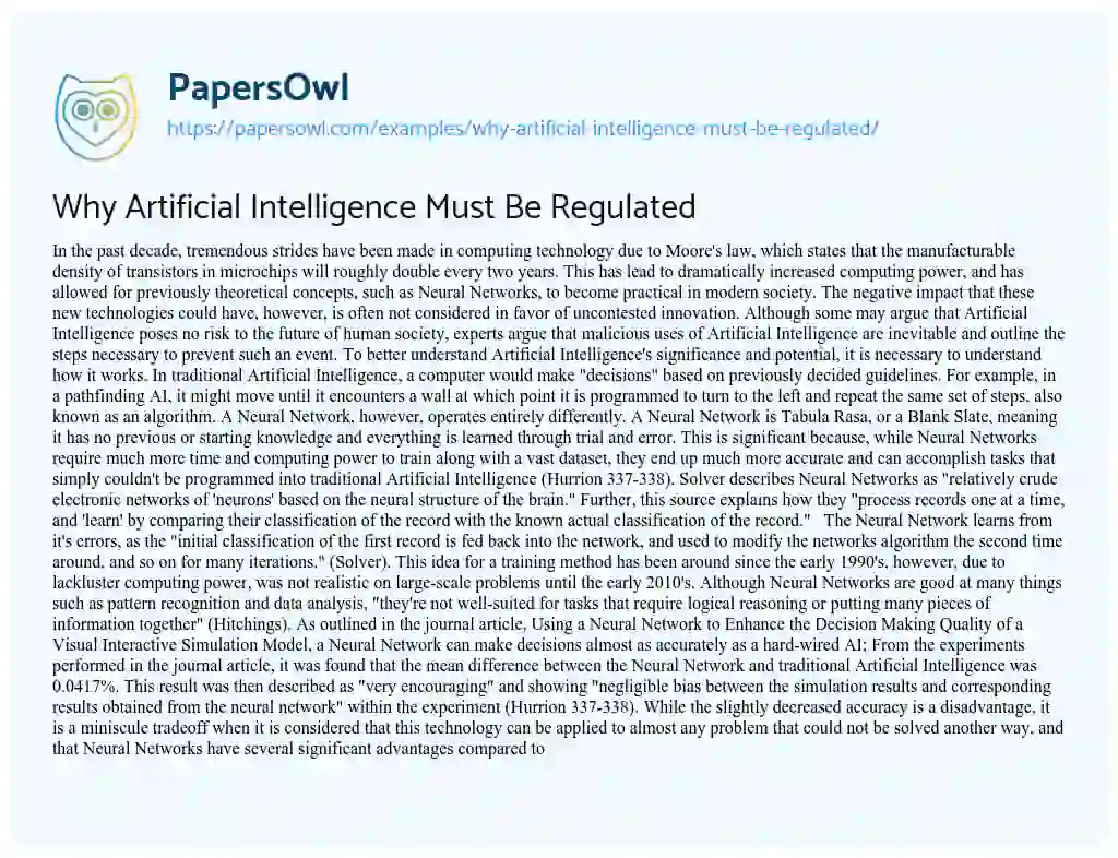 Essay on Why Artificial Intelligence Must be Regulated