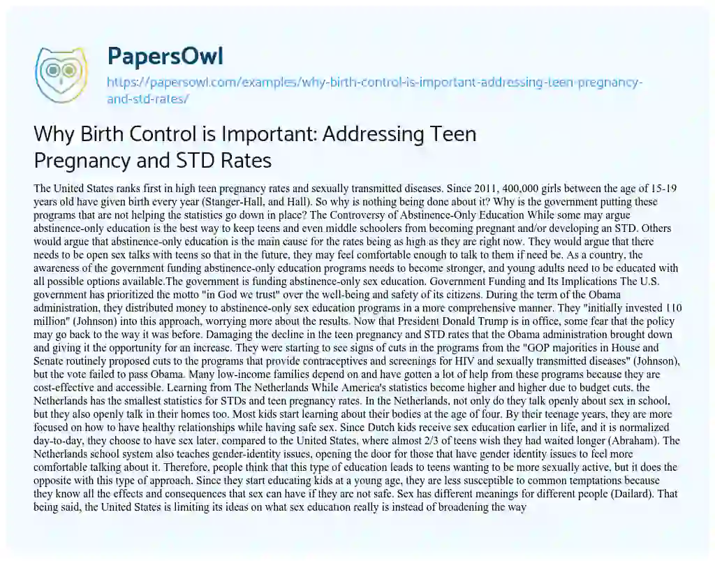 Essay on Why Birth Control is Important: Addressing Teen Pregnancy and STD Rates