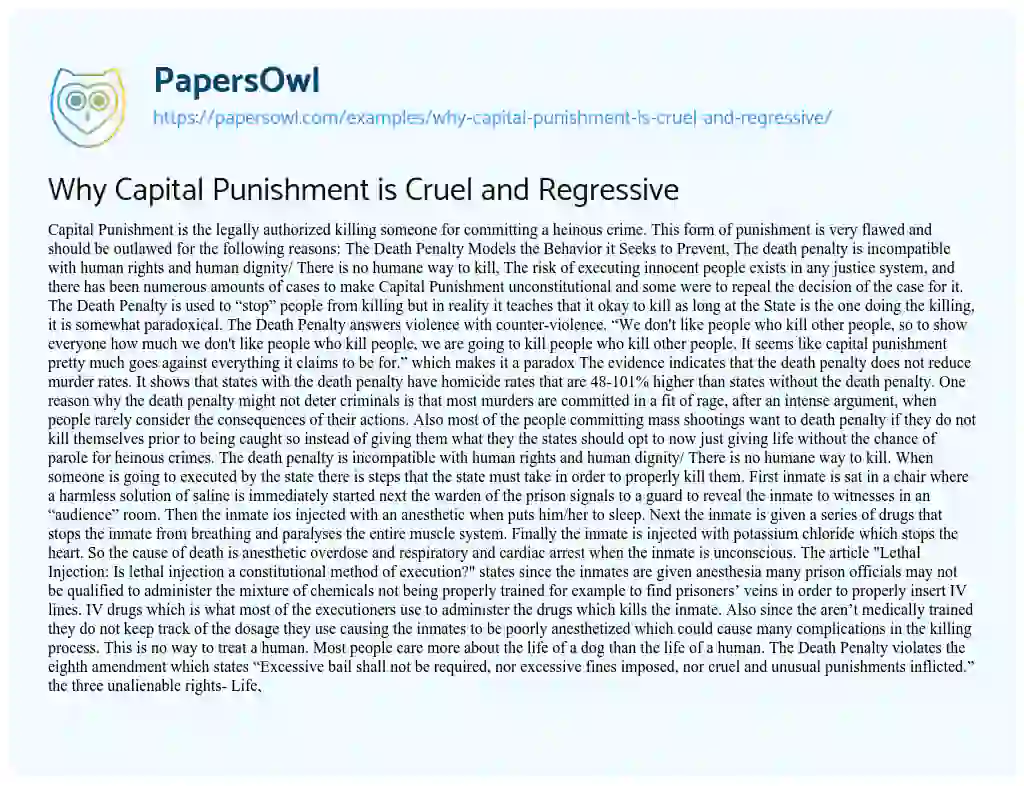 Essay on Why Capital Punishment is Cruel and Regressive