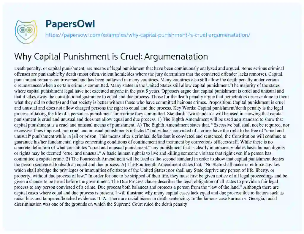 Essay on Why Capital Punishment is Cruel: Argumenatation