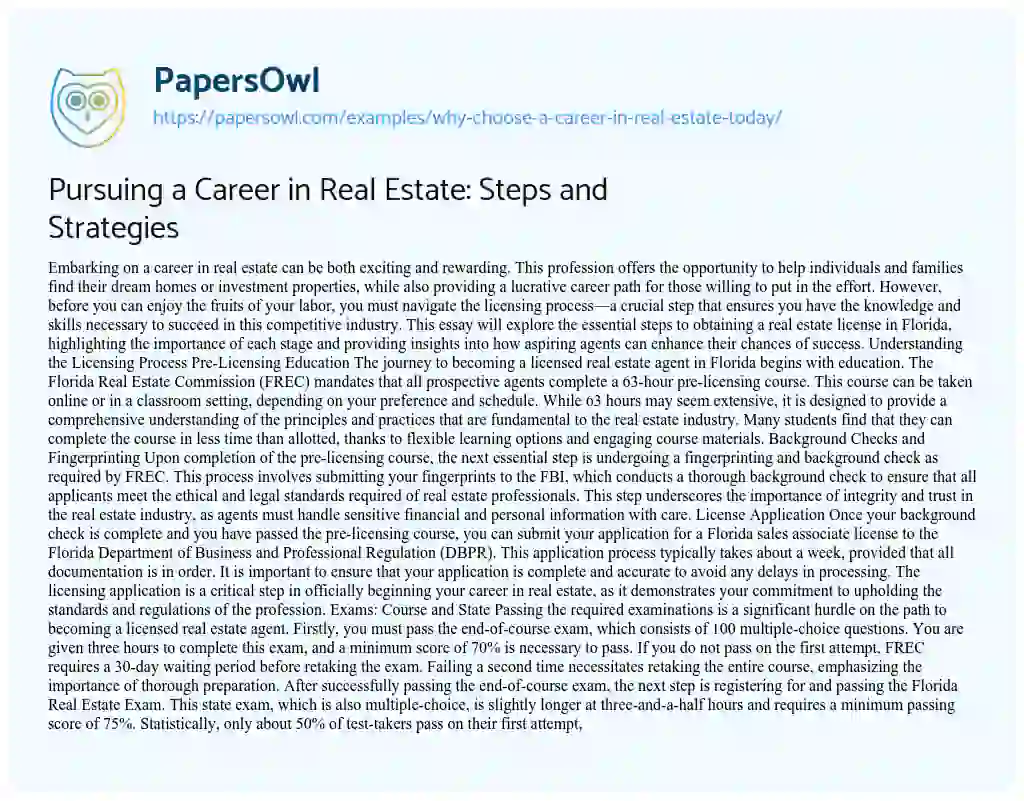 Essay on Why Choose a Career in Real Estate Today