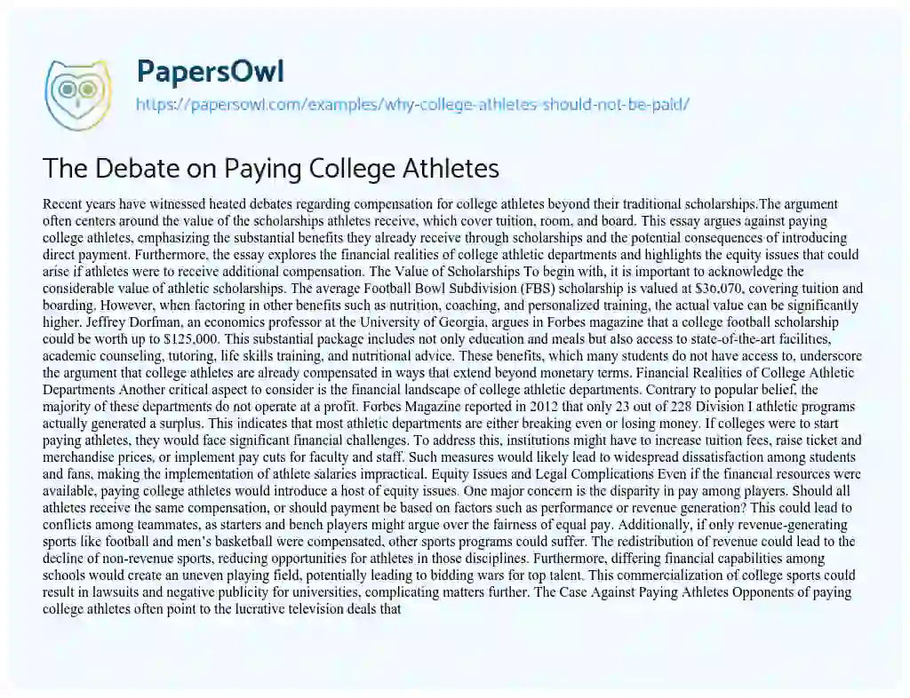 Essay on Why College Athletes should not be Paid?