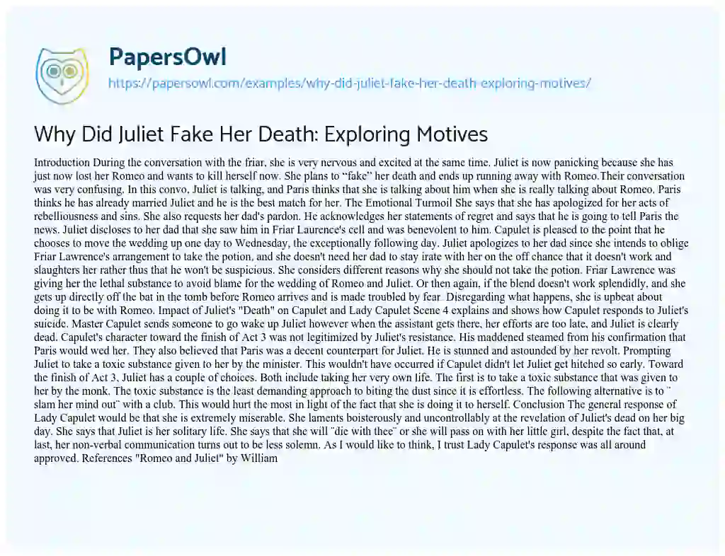 Essay on Why did Juliet Fake her Death: Exploring Motives
