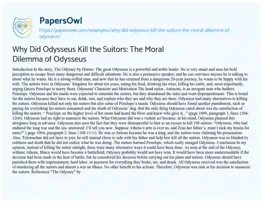 Essay on Why did Odysseus Kill the Suitors: the Moral Dilemma of Odysseus