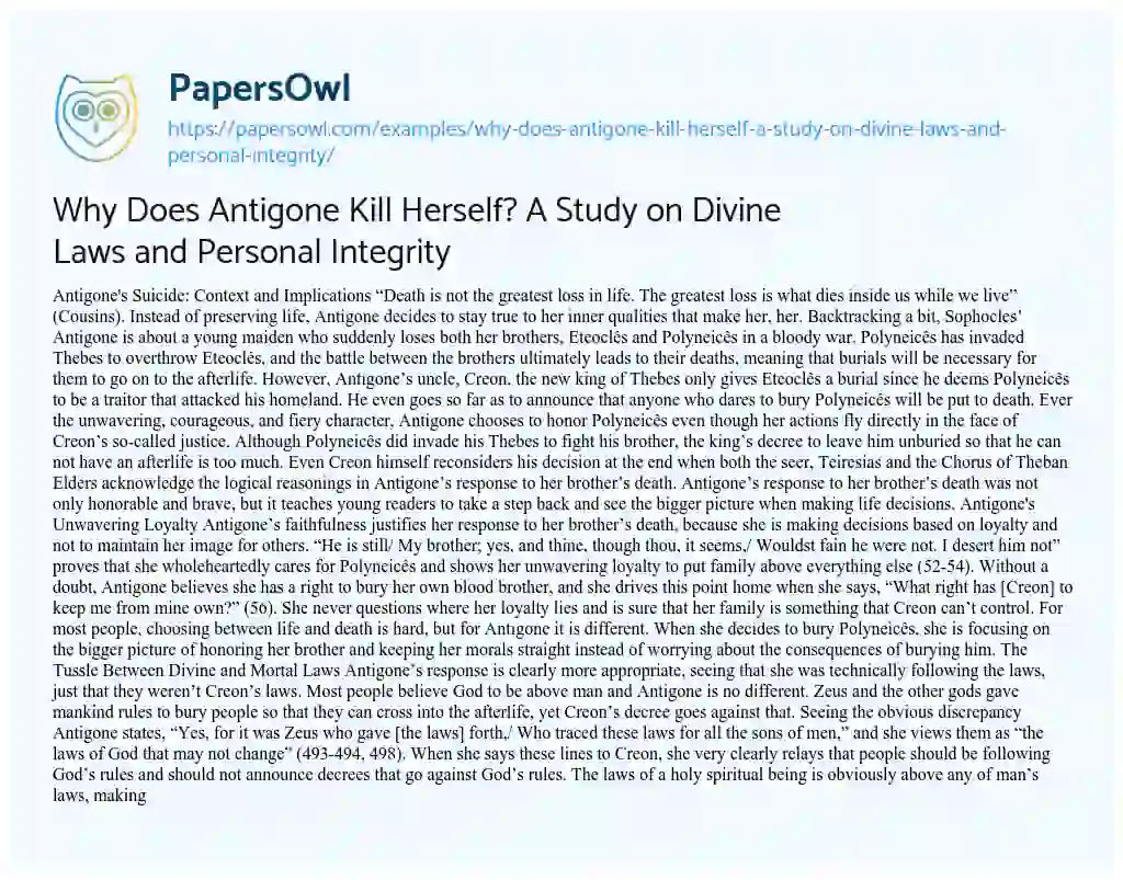 Essay on Why does Antigone Kill Herself? a Study on Divine Laws and Personal Integrity