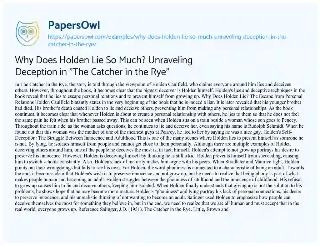 Essay on Why does Holden Lie so Much? Unraveling Deception in “The Catcher in the Rye”