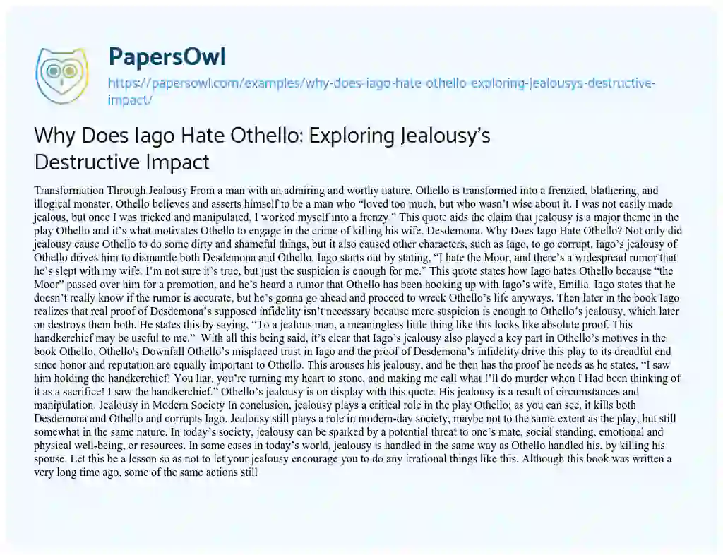 Essay on Why does Iago Hate Othello: Exploring Jealousy’s Destructive Impact