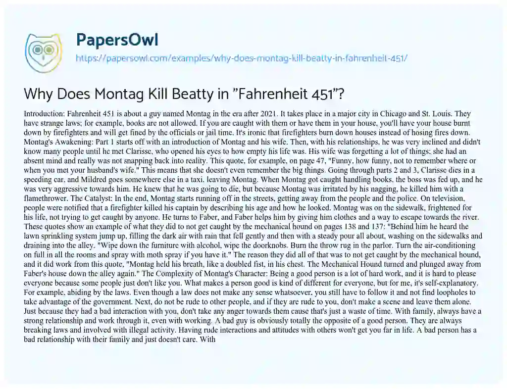 Essay on Why does Montag Kill Beatty in “Fahrenheit 451”?