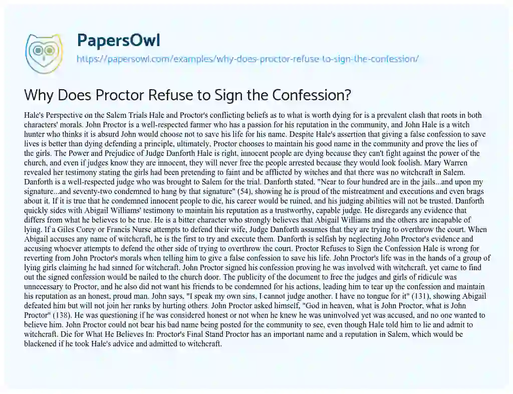 Essay on Why does Proctor Refuse to Sign the Confession?