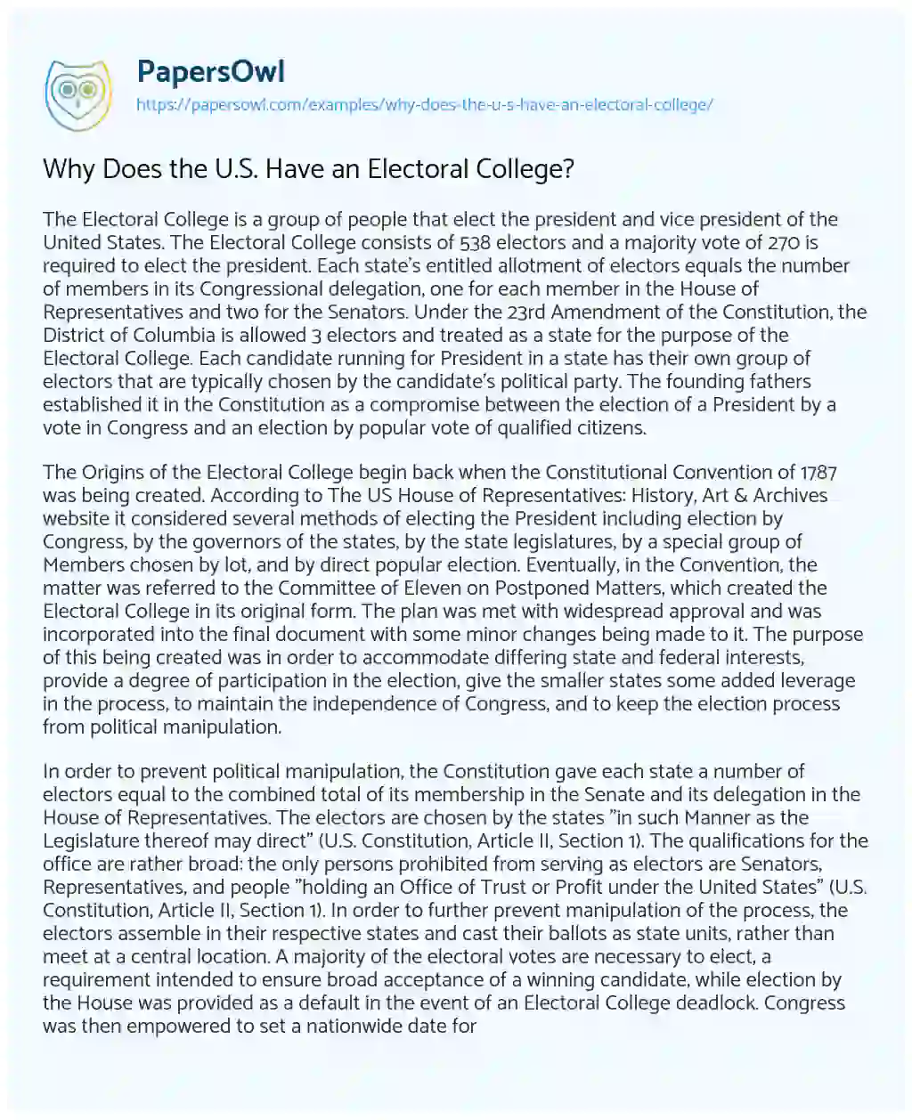 Why does the U.S. have an Electoral College? essay