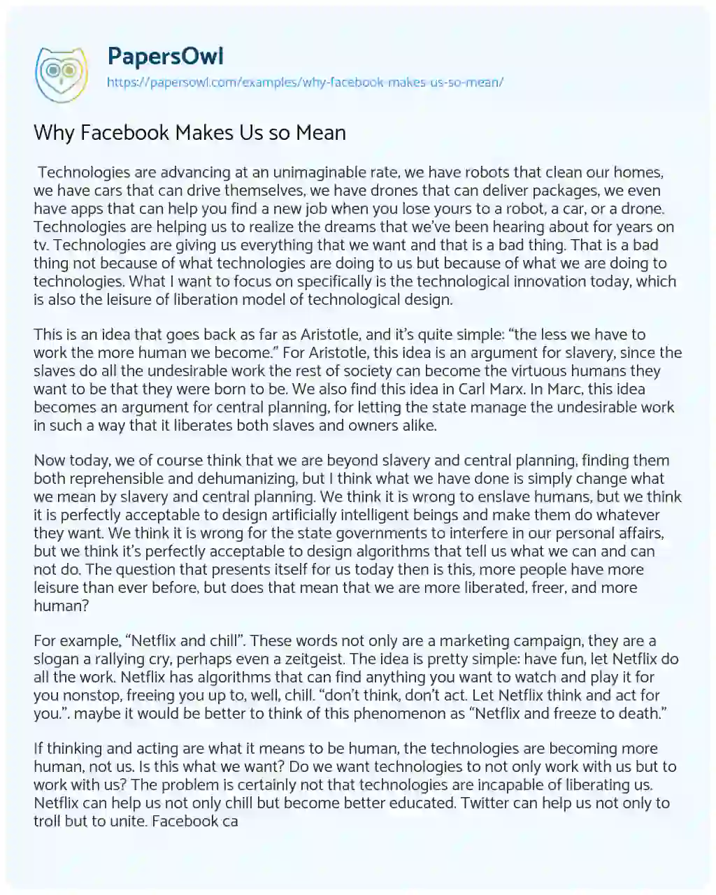 Essay on Why Facebook Makes Us so Mean 