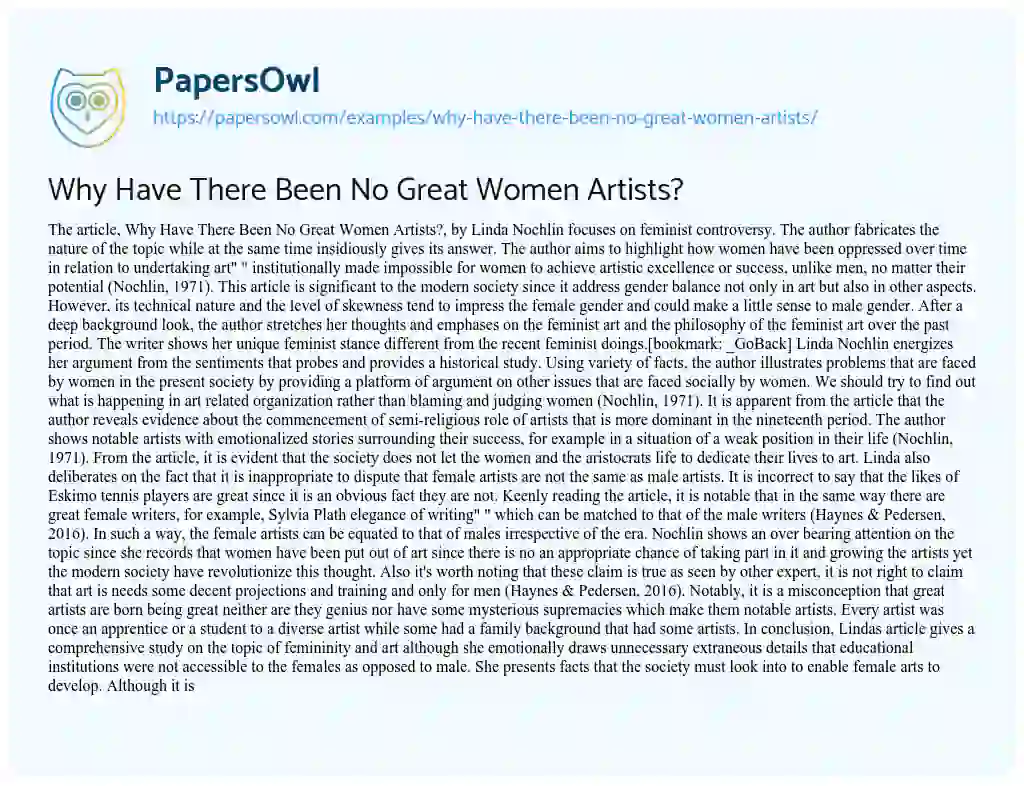 Essay on Why have there been no Great Women Artists?