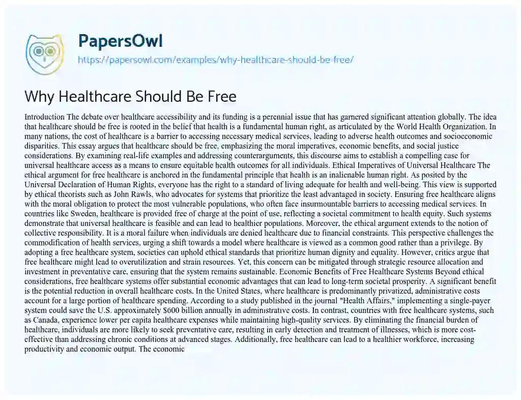 Essay on Why Healthcare Should Be Free