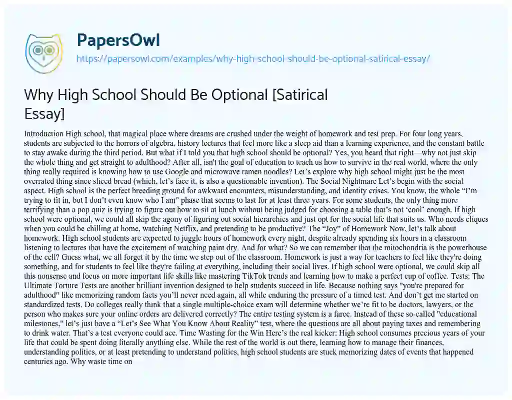 Essay on Why High School Should Be Optional [Satirical Essay]