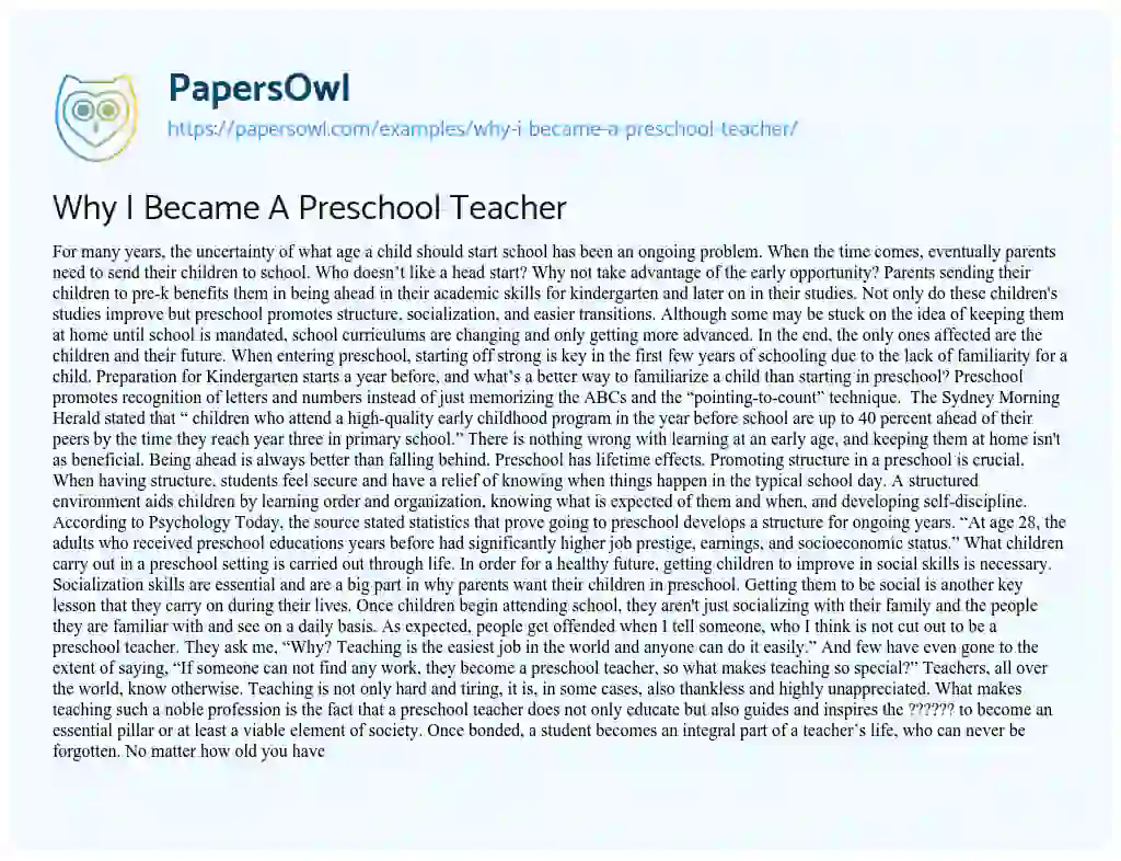 Essay on Why i Became a Preschool Teacher