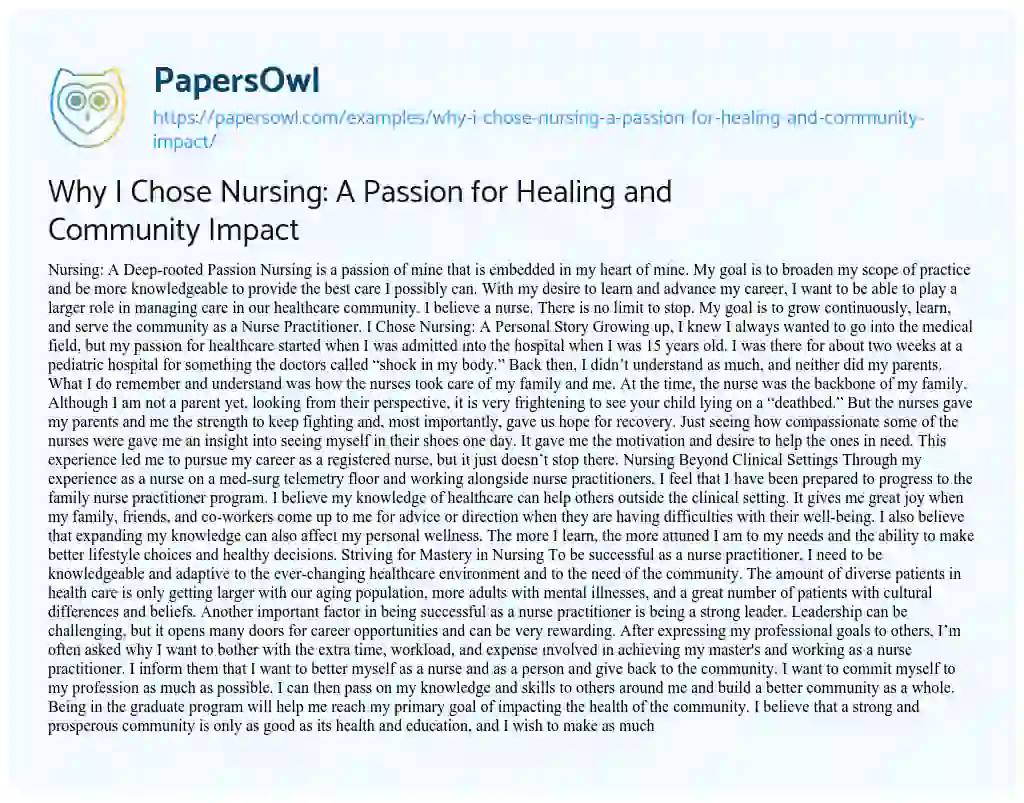 Essay on Why i Chose Nursing: a Passion for Healing and Community Impact