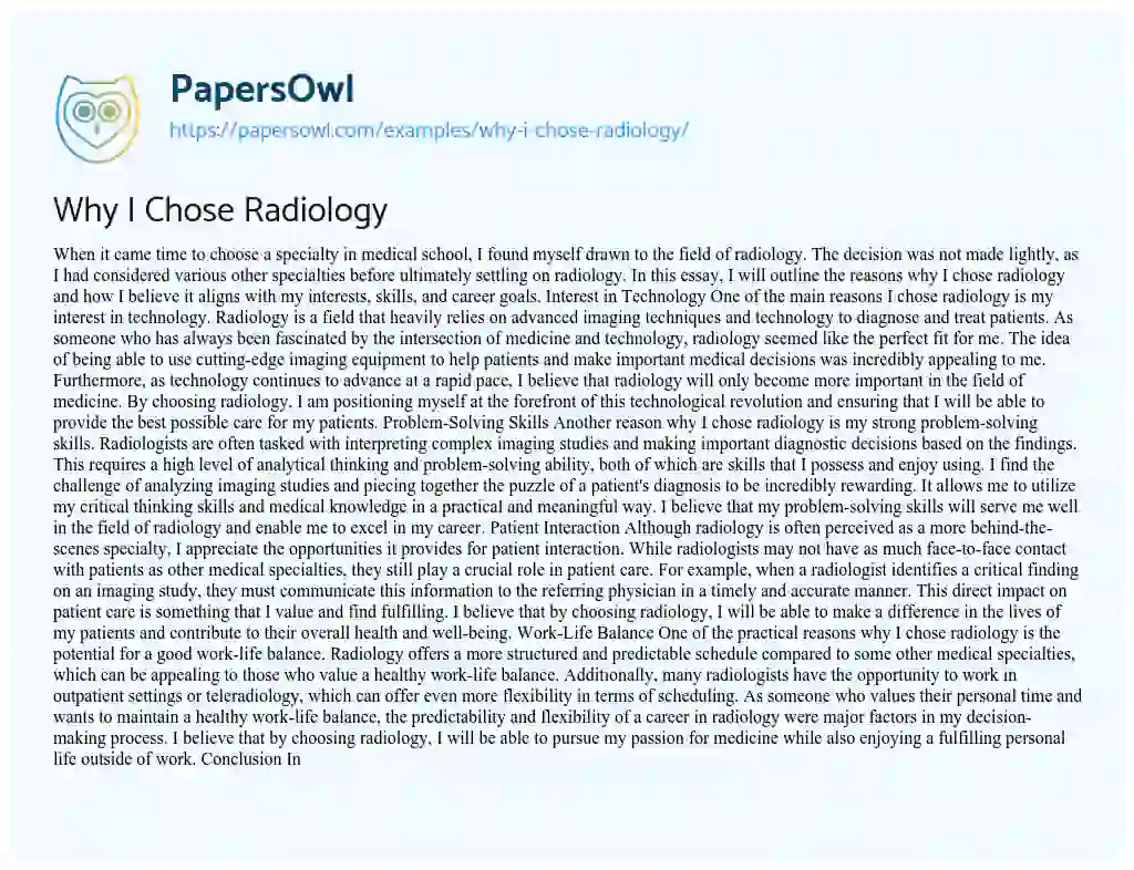 Essay on Why I Chose Radiology