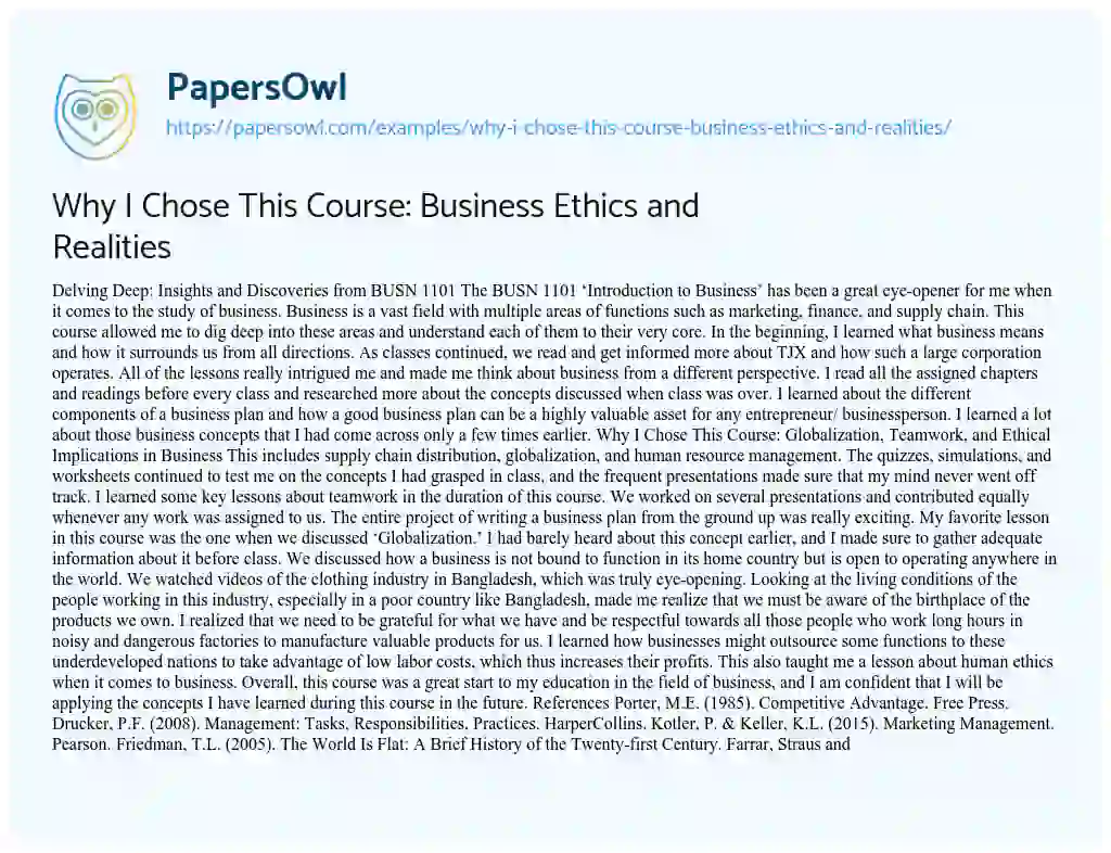Essay on Why i Chose this Course: Business Ethics and Realities