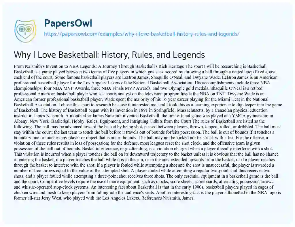 Essay on Why i Love Basketball: History, Rules, and Legends