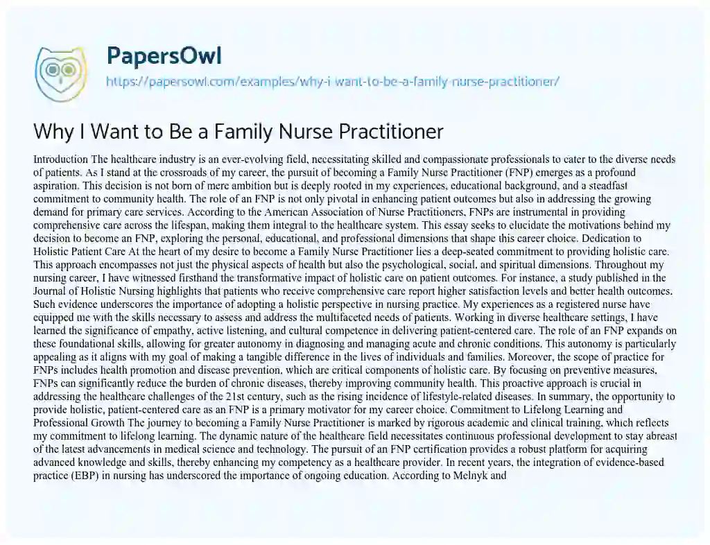 Essay on Why I Want to Be a Family Nurse Practitioner