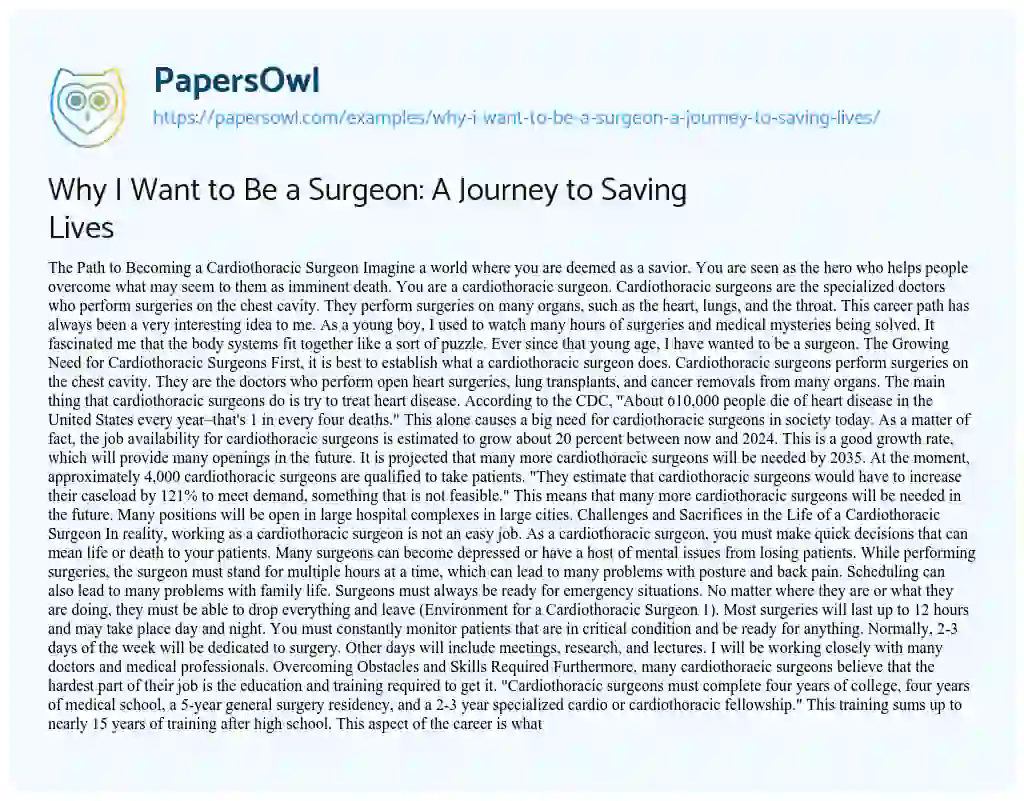 Essay on Why i Want to be a Surgeon: a Journey to Saving Lives