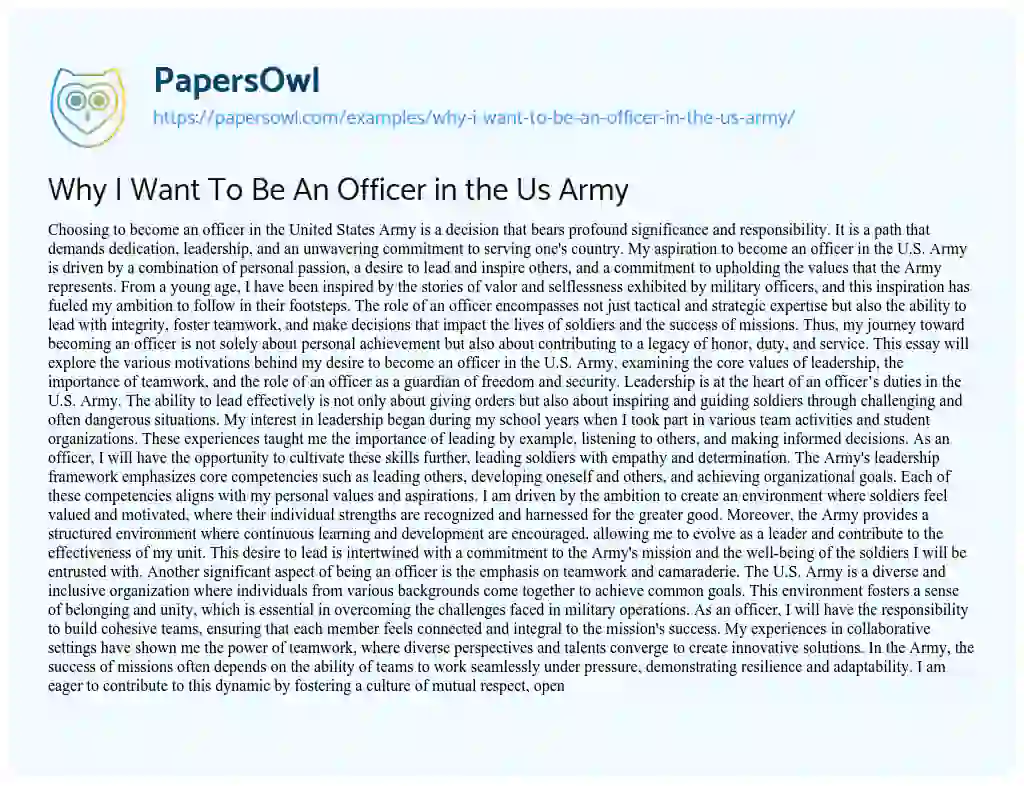 Essay on Why I Want To Be An Officer in the Us Army