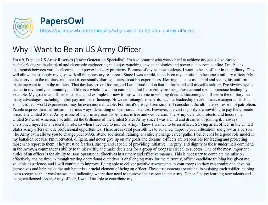 Essay on Why i Want to be an US Army Officer