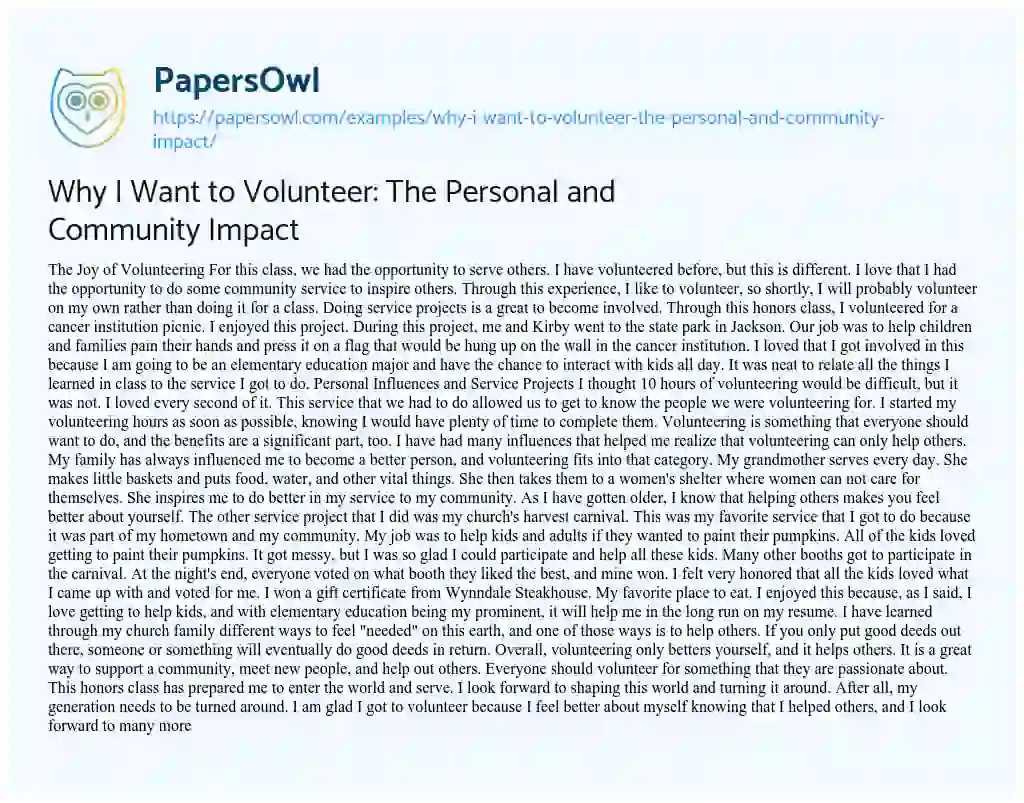 Essay on Why i Want to Volunteer: the Personal and Community Impact