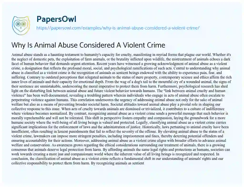 Essay on Why is Animal Abuse Considered a Violent Crime