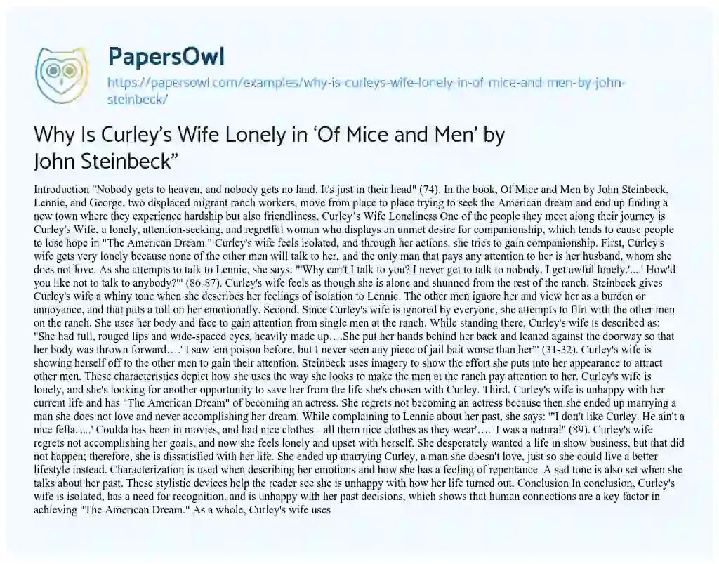 Essay on Why is Curley’s Wife Lonely in ‘Of Mice and Men’ by John Steinbeck”