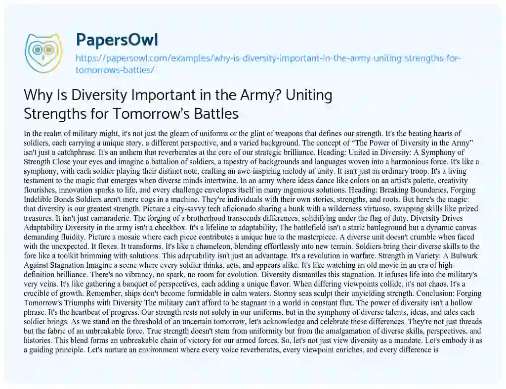 Essay on Why is Diversity Important in the Army? Uniting Strengths for Tomorrow’s Battles