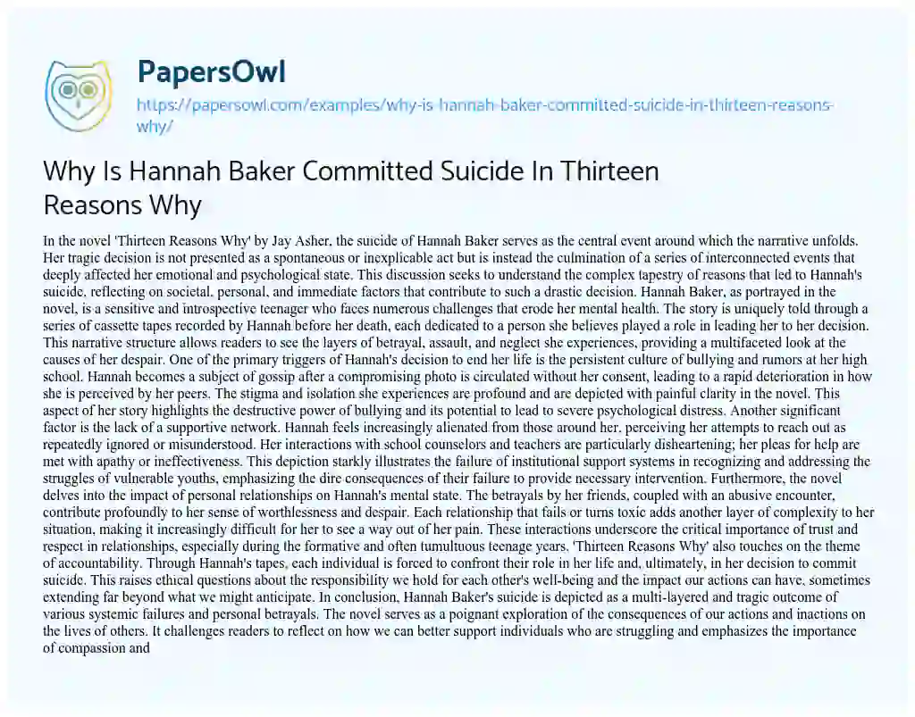 Essay on Why is Hannah Baker Committed Suicide in Thirteen Reasons why