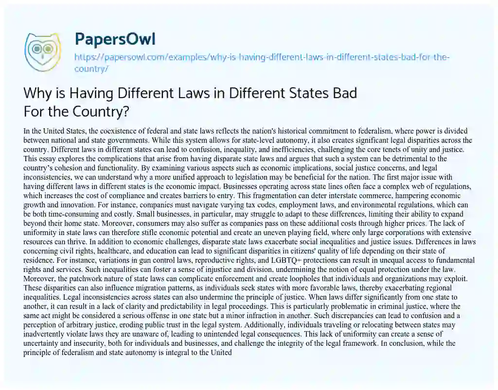 Essay on Why is Having Different Laws in Different States Bad For the Country?
