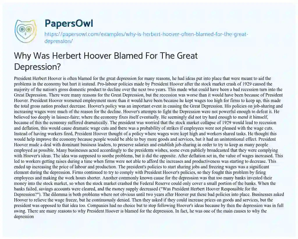 Essay on Why was Herbert Hoover Blamed for the Great Depression?