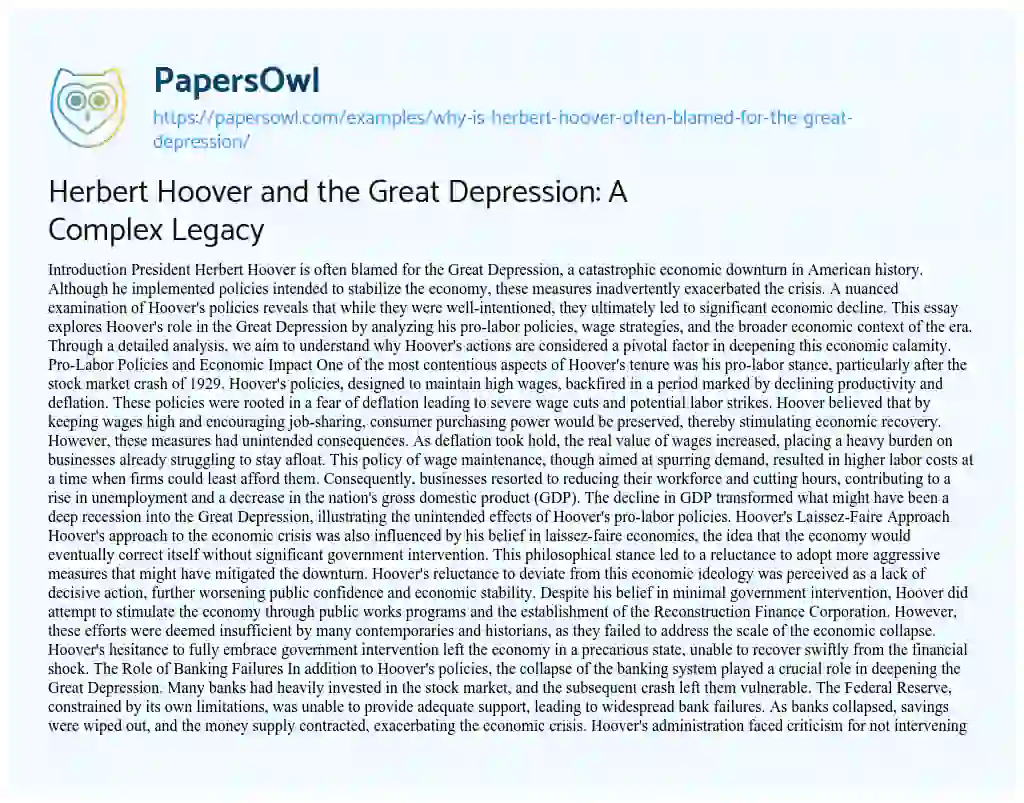 Essay on Why was Herbert Hoover Blamed for the Great Depression?