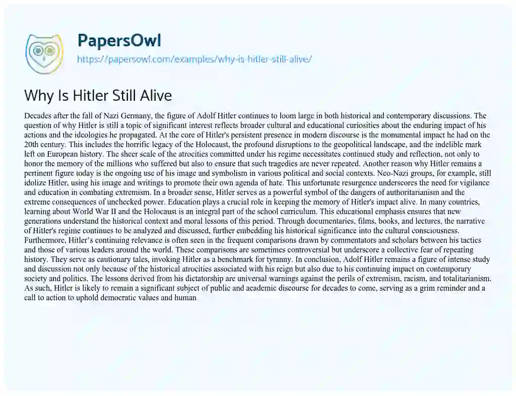 Essay on Why is Hitler Still Alive