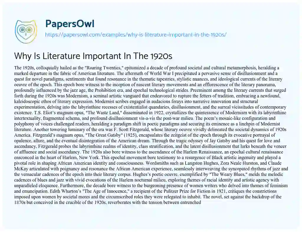 Essay on Why is Literature Important in the 1920s