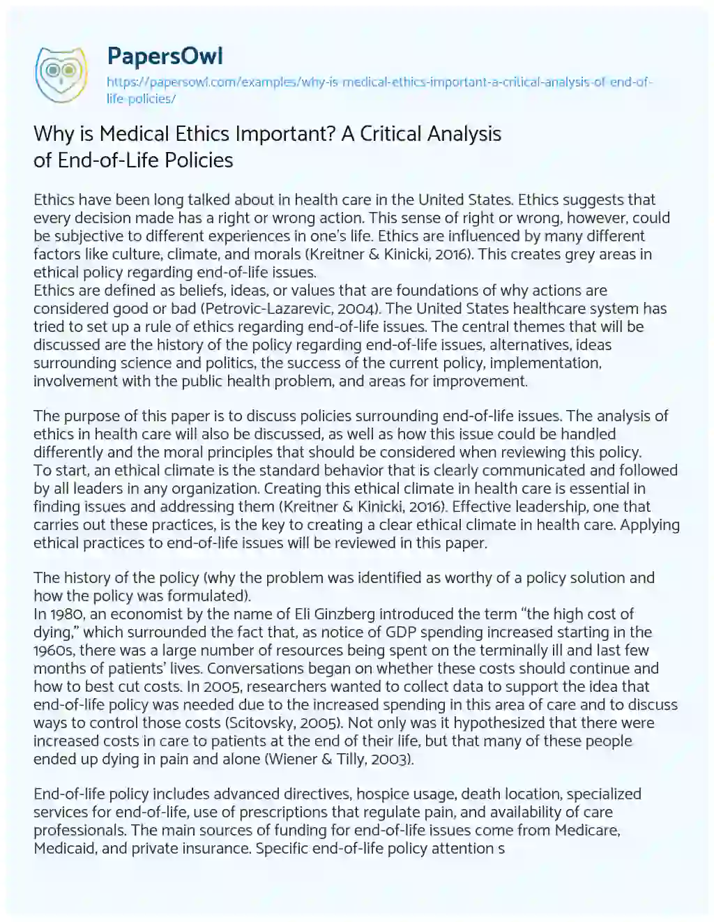 Essay on Why is Medical Ethics Important? a Critical Analysis of End-of-Life Policies